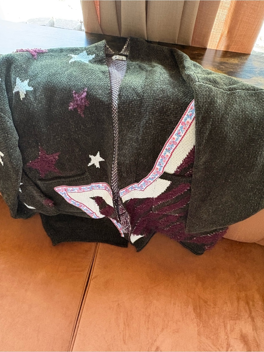 POL Dark Green Knit Cardigan with Purple & White Star Motifs